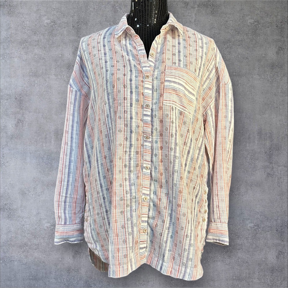 Anthropologie Maeve Breckenridge Striped Button Down Shirt Polka Dot Sz XSMALL